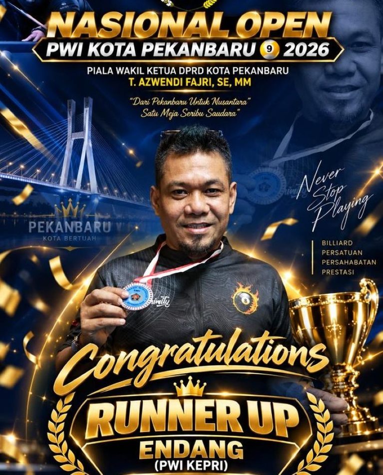 Ketua SIWO PWI Kepri Endang Kurnia Juara National Open PWI Pekanbaru 2026 di Golden Break Pekanbaru